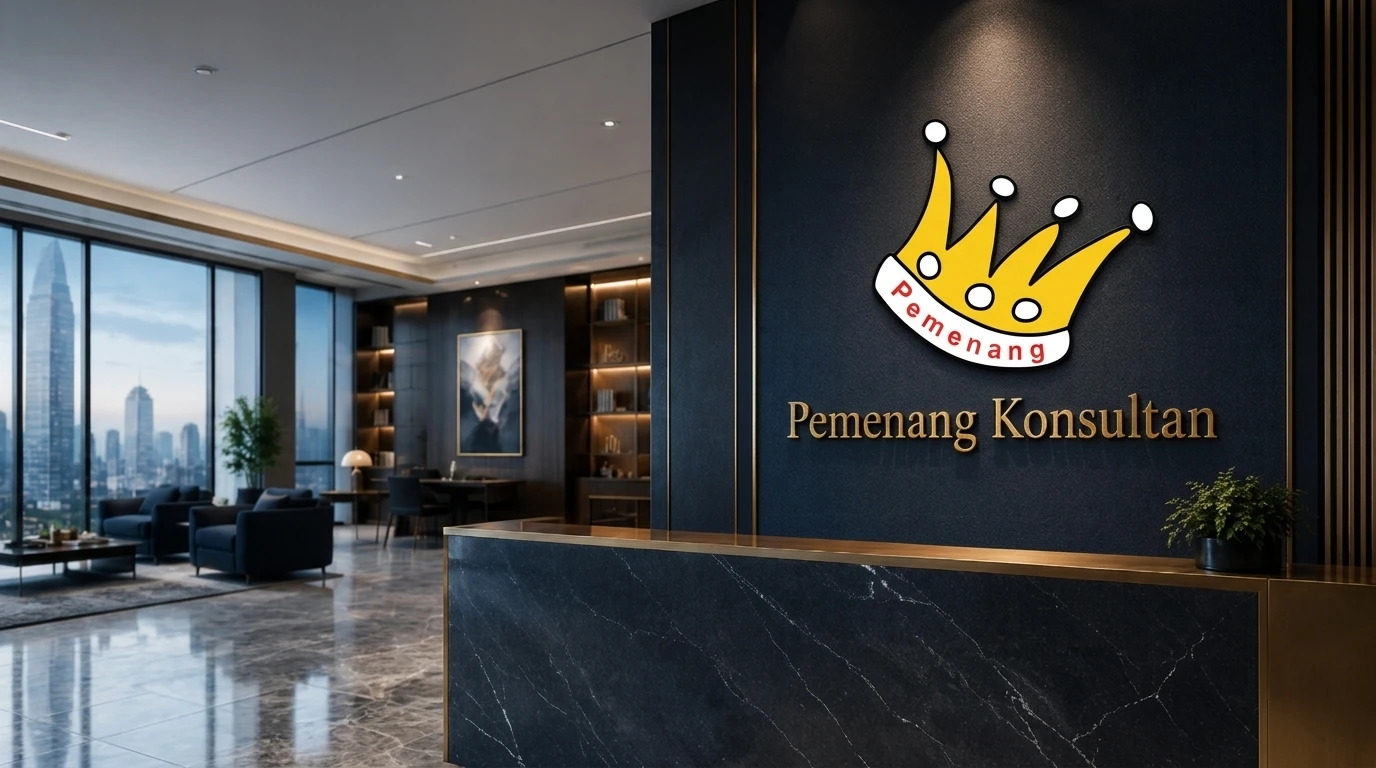 Lobby resepsionis kantor PT Pemenang Konsultan Manajemen dengan logo mahkota emas