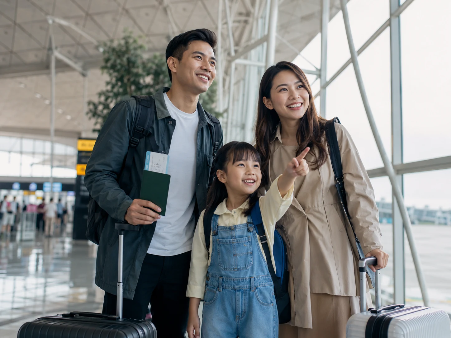Keluarga Asia membawa koper di bandara untuk konsultasi Travel Insurance perjalanan domestik dan internasional